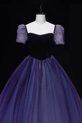 Evening Dresses V Neck, Purple Tulle Long A-Line Prom Dress, Purple Short Sleeve Princess Dress