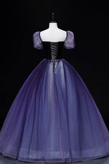 Evening Dresses Mermaid, Purple Tulle Long A-Line Prom Dress, Purple Short Sleeve Princess Dress