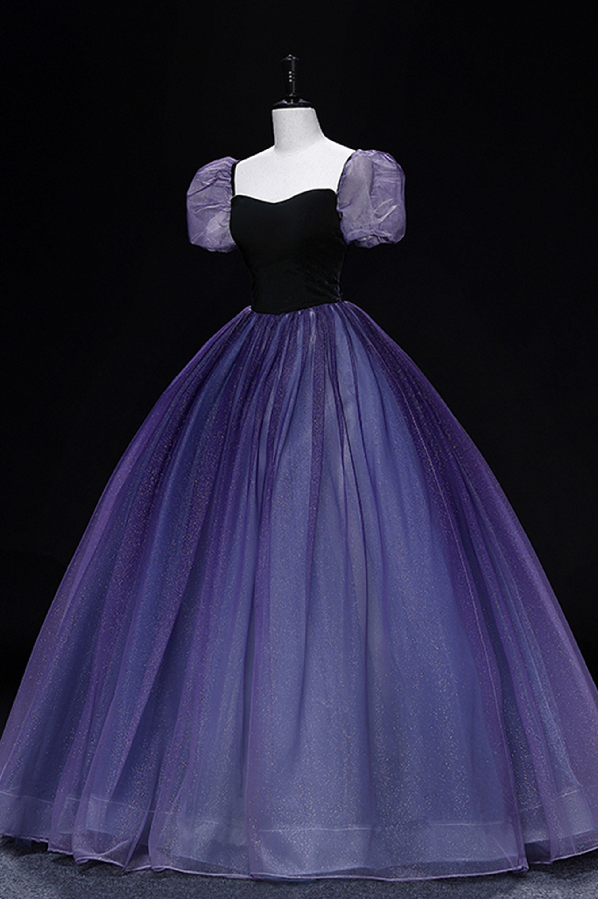 Evening Dresses Prom Long, Purple Tulle Long A-Line Prom Dress, Purple Short Sleeve Princess Dress