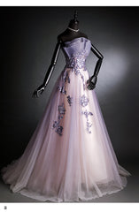 Bridesmaid Dresses Styles, Purple Tulle Long Gradient Party Dress with Flower Lace Applique, Light Purple Prom Dresses