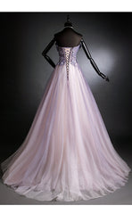 Bridesmaides Dresses Long, Purple Tulle Long Gradient Party Dress with Flower Lace Applique, Light Purple Prom Dresses