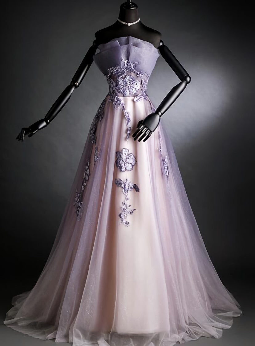 Bridesmaid Dress Style, Purple Tulle Long Gradient Party Dress with Flower Lace Applique, Light Purple Prom Dresses