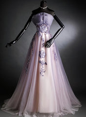 Bridesmaid Dress Style, Purple Tulle Long Gradient Party Dress with Flower Lace Applique, Light Purple Prom Dresses