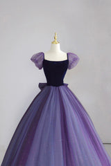 Bridesmaid Dresses For Girls, Purple Tulle Long Prom Dress with Velvet, Cute A-Line Short Sleeve Evening Dress