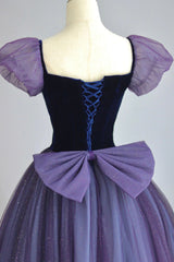 Bridesmaids Dress Red, Purple Tulle Long Prom Dress with Velvet, Cute A-Line Short Sleeve Evening Dress