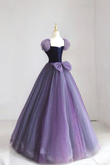 Bridesmaid Dress Red, Purple Tulle Long Prom Dress with Velvet, Cute A-Line Short Sleeve Evening Dress