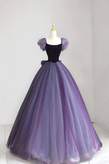 Bridesmaid Dress For Girls, Purple Tulle Long Prom Dress with Velvet, Cute A-Line Short Sleeve Evening Dress