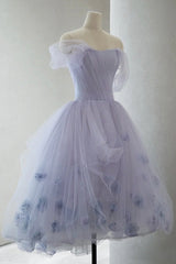 Prom Dresses Designers, Purple Tulle Short A-Line Prom Dress, Cute Off the Shoulder Party Dress