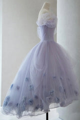 Prom Dress Designs, Purple Tulle Short A-Line Prom Dress, Cute Off the Shoulder Party Dress