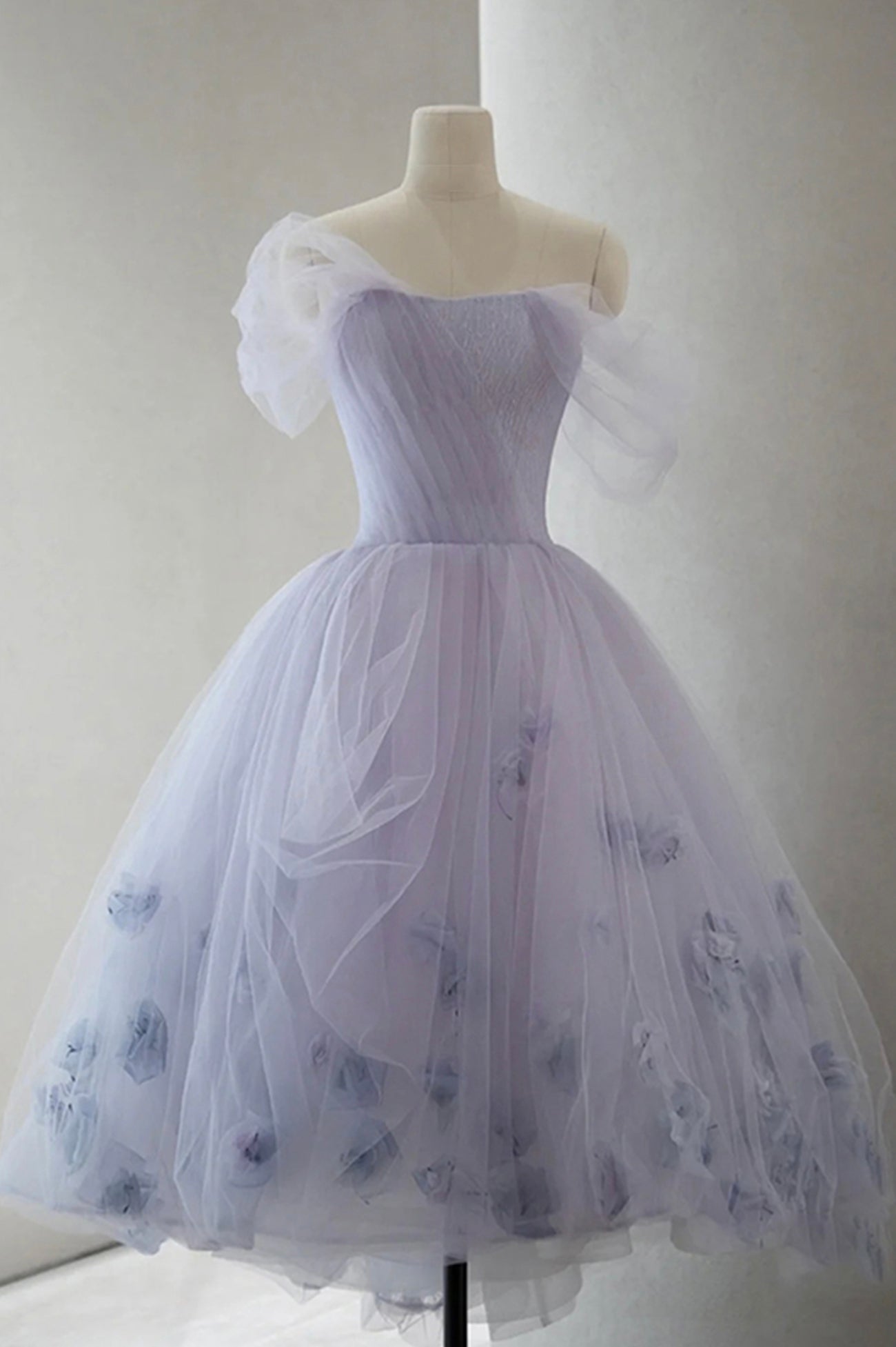 Prom Dress Designers, Purple Tulle Short A-Line Prom Dress, Cute Off the Shoulder Party Dress
