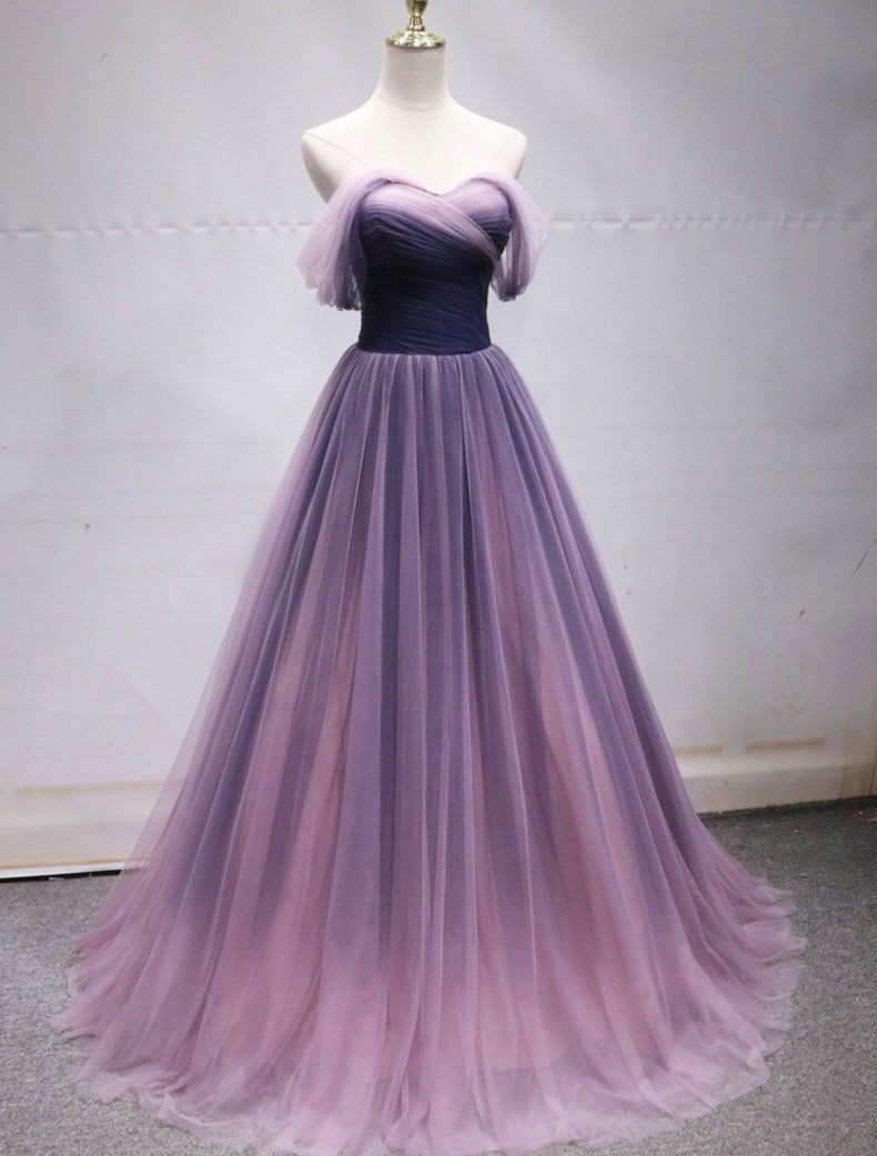 Bridesmaid Dresses For Girls, Purple Tulle Sweetheart Gradient Off Shoulder Long Party Dress, A-line Tulle Prom Dress Party Dress