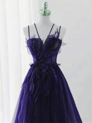 Party Dress Trends, Purple Tulle with Lace Applique Long Prom Dress, Purple Long Formal Dress