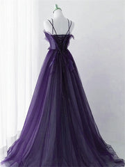 Party Dresses Ladies, Purple Tulle with Lace Applique Long Prom Dress, Purple Long Formal Dress