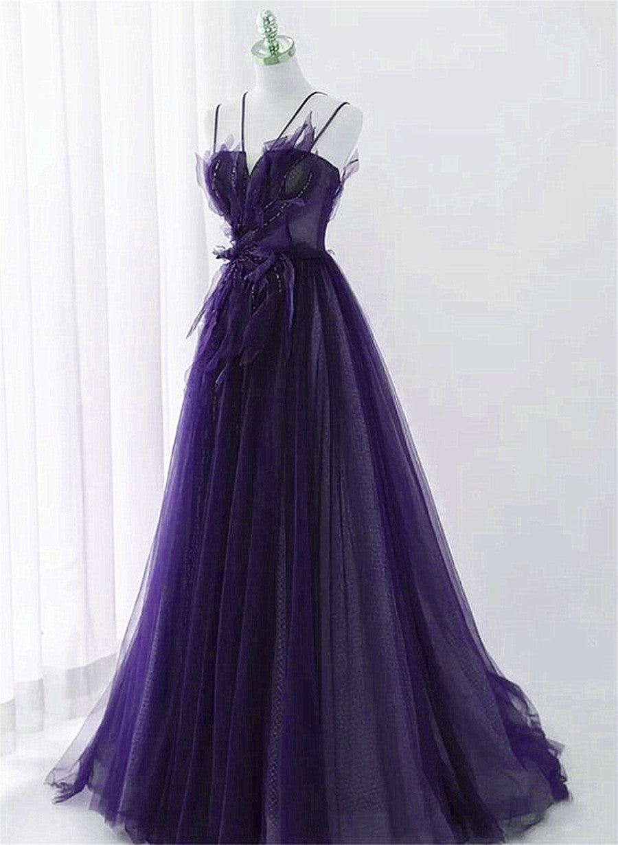 Party Dress Inspiration, Purple Tulle with Lace Applique Long Prom Dress, Purple Long Formal Dress