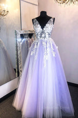 Prom Dresses 2024, Purple v neck lace applique long prom dress purple formal dress