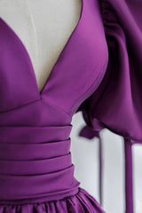 Party Dress Renswoude, Purple V-Neck Satin Long Formal Evening Dress, A-Line Puff Sleeve Party Dress