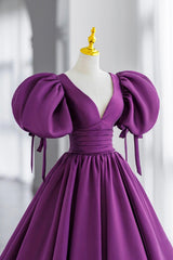 Party Dress Cocktail, Purple V-Neck Satin Long Formal Evening Dress, A-Line Puff Sleeve Party Dress