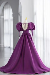 Party Dress Top, Purple V-Neck Satin Long Formal Evening Dress, A-Line Puff Sleeve Party Dress