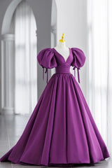 Party Dresses Wedding, Purple V-Neck Satin Long Formal Evening Dress, A-Line Puff Sleeve Party Dress