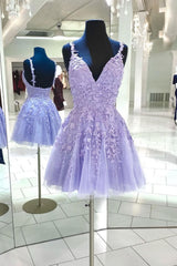 Prom Dresses Elegent, Purple v neck tulle lace short prom dress lace cocktail dress