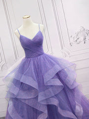 Bridesmaid Dresses Mauve, Purple v neck Tulle Long Prom Dress, Purple Sweet 16 Dress