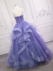 Flower Girl, Purple v neck Tulle Long Prom Dress, Purple Sweet 16 Dress