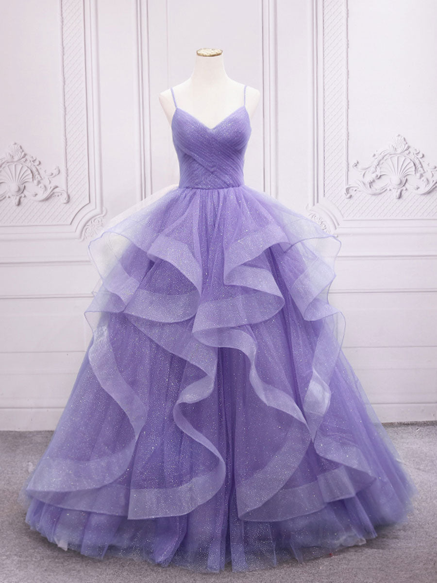 Bridesmaid Dress Mauve, Purple v neck Tulle Long Prom Dress, Purple Sweet 16 Dress