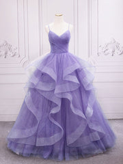 Bridesmaid Dress Mauve, Purple v neck Tulle Long Prom Dress, Purple Sweet 16 Dress