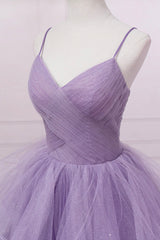 Maxi Dress Outfit, Purple V-Neck Tulle Long Prom Dress, Spaghetti Straps A-Line Evening Dress