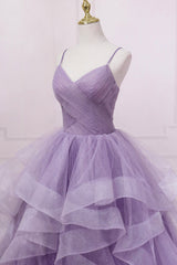 Dress Short, Purple V-Neck Tulle Long Prom Dress, Spaghetti Straps A-Line Evening Dress