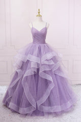 Women Dress, Purple V-Neck Tulle Long Prom Dress, Spaghetti Straps A-Line Evening Dress