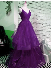Party Dresses For Ladies, Purple V-neckline Straps Layers Tulle Party Gown, Purple Evening Dress