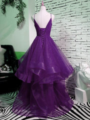Party Dress Europe, Purple V-neckline Straps Layers Tulle Party Gown, Purple Evening Dress