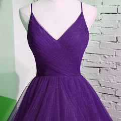 Party Dresses Europe, Purple V-neckline Straps Layers Tulle Party Gown, Purple Evening Dress