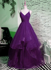 Party Dress For Ladies, Purple V-neckline Straps Layers Tulle Party Gown, Purple Evening Dress