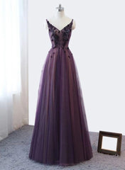 Sequin Dress, Purple V-neckline Tulle Lace Applique Party Dress, Purple Formal Dress Prom Dress