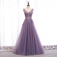 Prom Dresses Boutique, Purple V-neckline Tulle with Lace Floor Length Party Dress Evening Dress,Purple Prom Dress