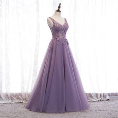 Prom Dress Boutiques, Purple V-neckline Tulle with Lace Floor Length Party Dress Evening Dress,Purple Prom Dress
