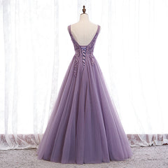 Prom Dress Boutique, Purple V-neckline Tulle with Lace Floor Length Party Dress Evening Dress,Purple Prom Dress