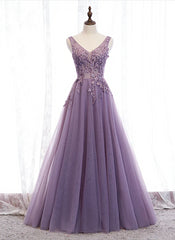 Prom Dress Fabric, Purple V-neckline Tulle with Lace Floor Length Party Dress Evening Dress,Purple Prom Dress