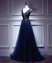 Evening Dresses On Sale, Dark Blue Lace V Neck Long Prom Dress, Lace Evening Dress