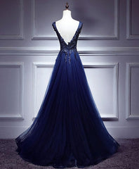 Evening Dresses Cheap, Dark Blue Lace V Neck Long Prom Dress, Lace Evening Dress