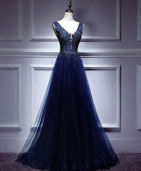 Evening Dresses Online, Dark Blue Lace V Neck Long Prom Dress, Lace Evening Dress