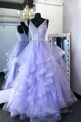 Prom Dress Prom Dress, Purpler v neck tulle lace beads long prom dress tulle formal dress