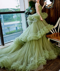 Party Dress For Girls, Princess Spaghetti Straps Green Tulle Long  Dress A line Tiered Formal Dress