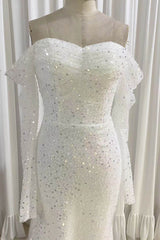 Party Dress Modest, Ivory Mermaid Sequined Prom Dress with Long Sleeves, Sparkly Long Party Dresses