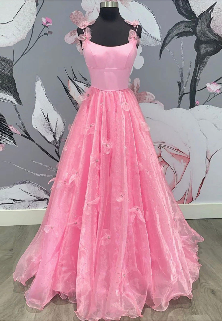 Bridesmaids Dresses Chiffon, Pink Tulle Long A-Line Prom Dresses, Pink Evening Dresses