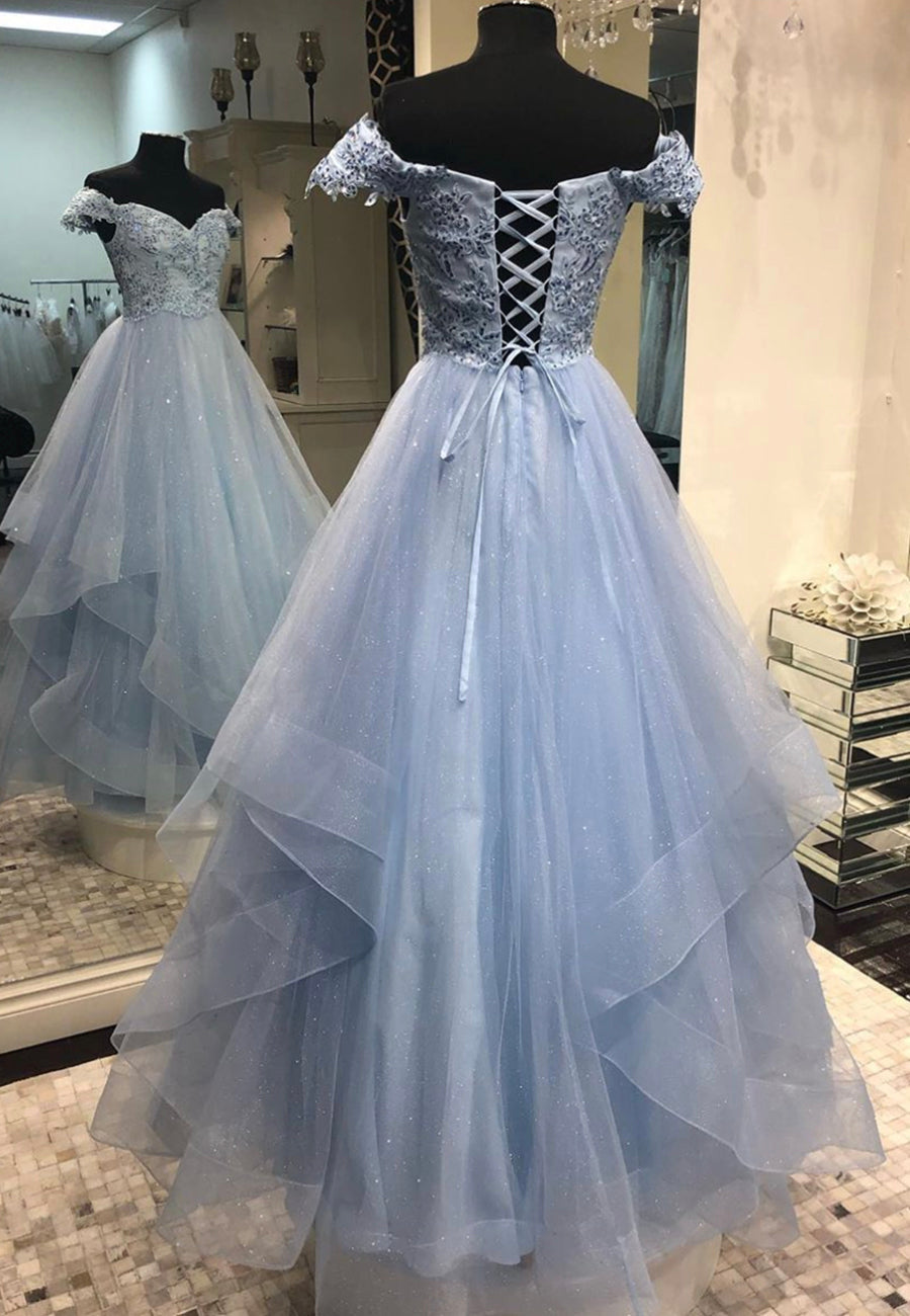 Party Dresses Night, Blue Tulle Lace Long A-Line Prom Dresses