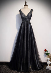 Bridesmaids Dresses White, Black V-Neck Tulle Long Prom Dresses, A-Line Evening Dresses