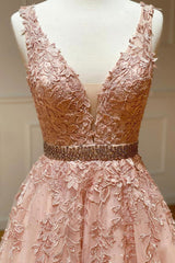 Bridal Shower Games, Pink V-Neck Lace Long Prom Dresses, A-Line Tulle Graduation Dresses